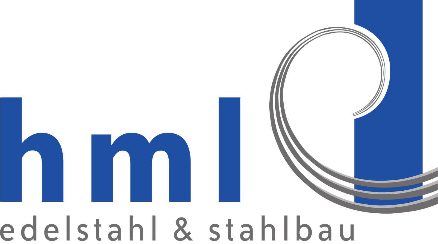Das Logo zeigt die Buchstaben hml in einem kräftigen, dunklen Blauton, was das Hauptaugenmerk des Designs darstellt. Rechts davon befindet sich ein stilisiertes Symbol, das wie eine Kombination aus einer geschwungenen, silbergrauen Linie und einem blauen vertikalen Balken aussieht, was möglicherweise die Dynamik und Stärke des Unternehmens in der Edelstahl- und Stahlbauindustrie widerspiegelt. Unter dem Logo steht in grauer Schrift der Slogan "edelstahl & stahlbau", was die Spezialisierung des Unternehmens in diesen Bereichen betont. Das Design vermittelt Professionalität und Präzision durch klare Linien und eine moderne Farbpalette aus Blau und Grau.